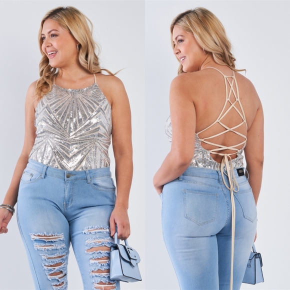 Trac Nude Silver Sequin Bodysuit - Picture 2 of 8